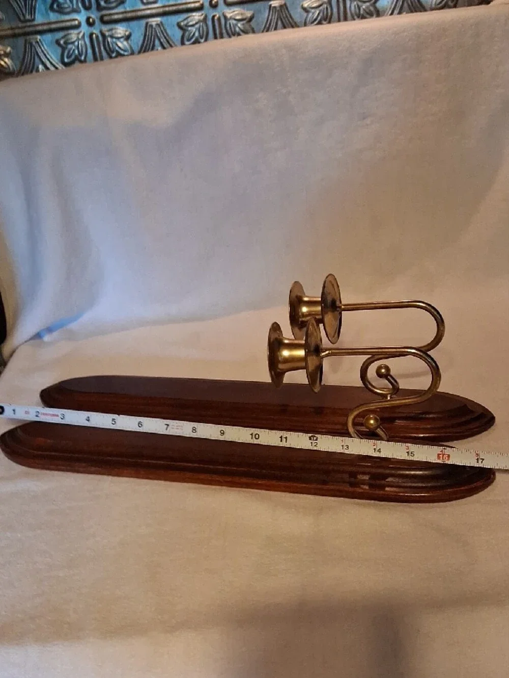 Home Interiors Brown Wooden Wall Candle Sconces with Brass Holders